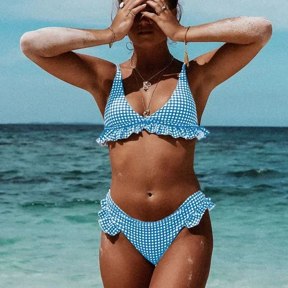 Sky Blue Plaid Ruffle Trim Triangle Bikini Set - Picture 1 of 15